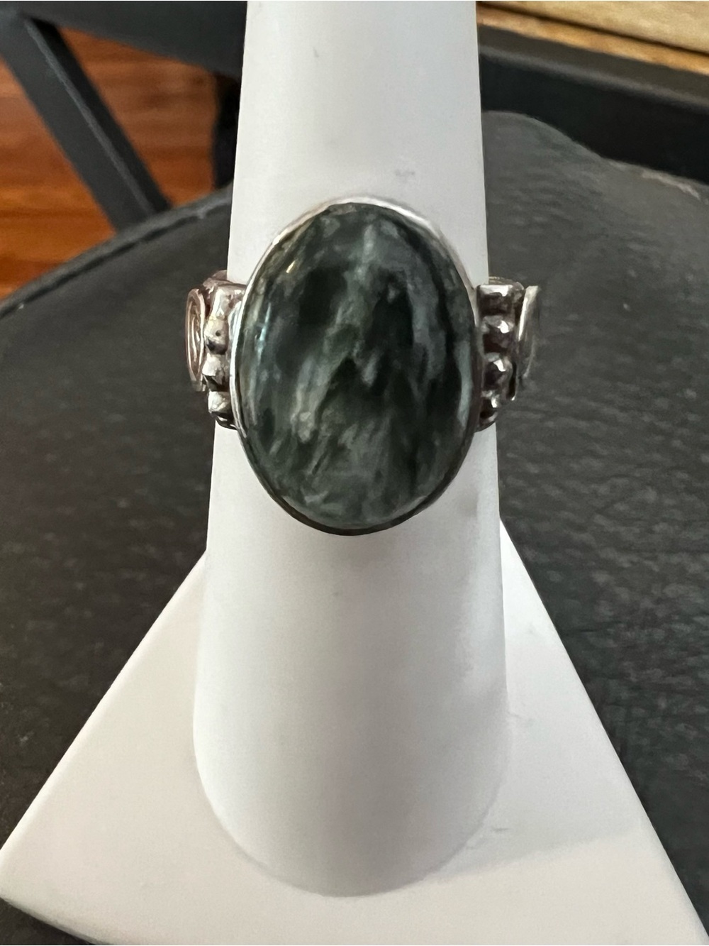 Sterling Silver Oval Green Seraphinite Statement Ring